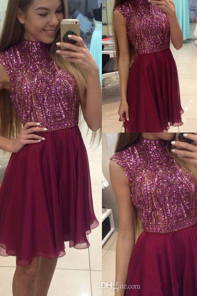 Cheap Petite High Neck Short Beaded Burgundy Chiffon Short Mini Rhinestone Homecoming Dresses Party Prom Dresses