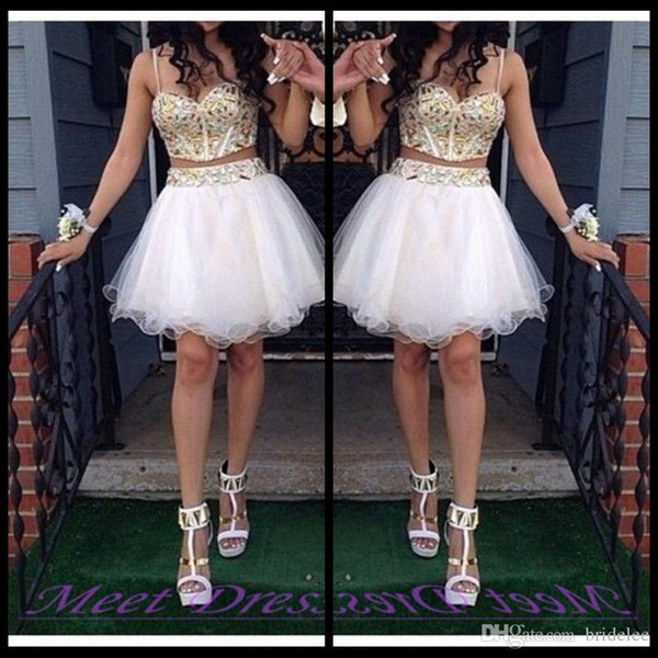 2 Piece Ball Gown Homecoming Dresses With Gold Beaded Straps Tulle White Short Prom Dress Sweet 16 Gown