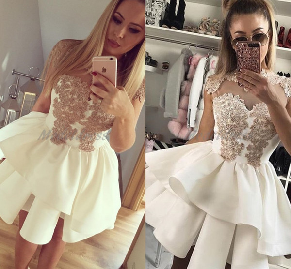 Ball Gown Short Homecoming Dresses High Neck Appliques Ivory Arabic Sexy New Prom Party Gowns Cheap Customized