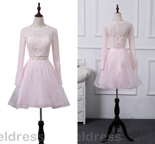 Cheap Pink Short Homecoming Dresses Jewel Lace Long Sleeve Tulle Mini Lovey Prom Party Gowns Knee Length Customized Cocktail Dresses