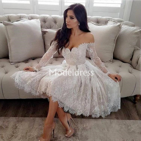 New Lace Short Homecoming Dresses A-Line Off Shoulder Sheer Long Sleeves Knee Length Cocktail Gowns Appliques Sweety Prom Party Dresses