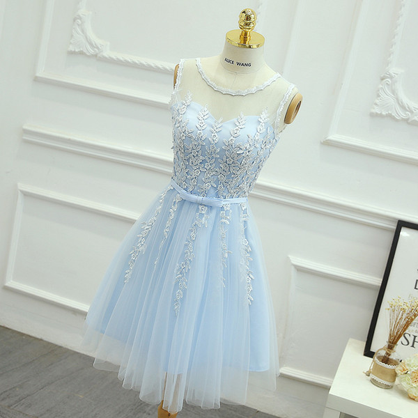 Lovely Sky Light Blue Homecoming Dresses Short Party Dresses Zipper Back Soft Tulle Lace Dress Real Pictures