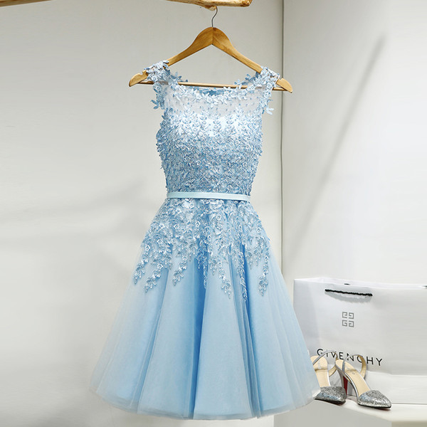 2017 Light Blue Short Homecoming Dresses Scoop Zipper Back Pleats Tulle with Applique Lace Prom Dress Cheap