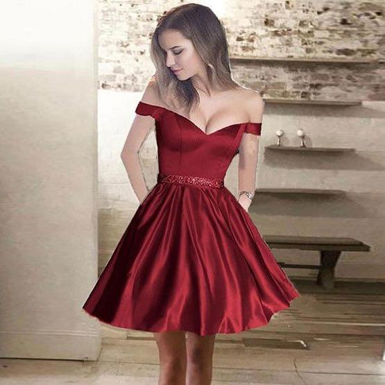 Sexy Off the Shoulder Capped Sleeve Party Gown A Line Short Satin Homecoming Dress Beading Waist Cheap Vestidos de Festa Curto 2017