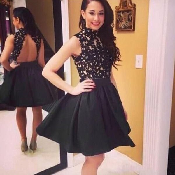 ZYLLGF Black Homecoming Dresses A Line Knee Length Lace Appliques Vintage Open Back Sleeveless Party Dress Prom Gowns Elegant