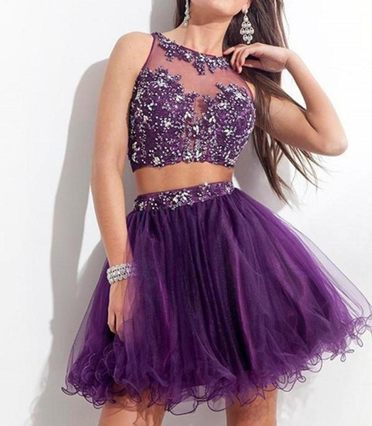 ZYLLGF New Sexy Purple Short Two Pieces Homecoming Dresses Lace Appliques A-Line Prom Cocktail Graduation Gown With Beadings