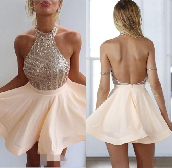 Gold Sequined Sweet Homecoming Dress Open Back Halter A Line Short Girls Party Dress Cocktail Dress