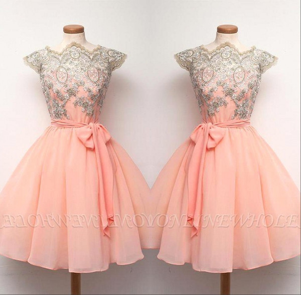 Light Coral Chiffon Homecoming Dresses with Sash Sliver Lace Appliques Cocktail Dress Short Party Gown Girls Mini Skirt BC1757