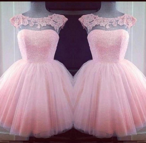 Capped Puffy Pink Homecoming Dresses Lace Jewel Neck Short Tulle Prom Party Gown Cocktail Dresses Mini Skirt