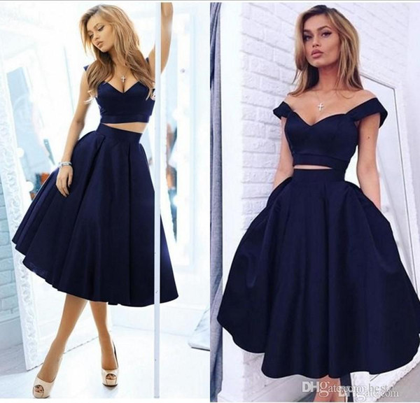 2 Pieces Navy Blue Off Shoulder Homecoming Dresses Deep V Neck Tea Length Prom Party Gown Cocktail Dresses