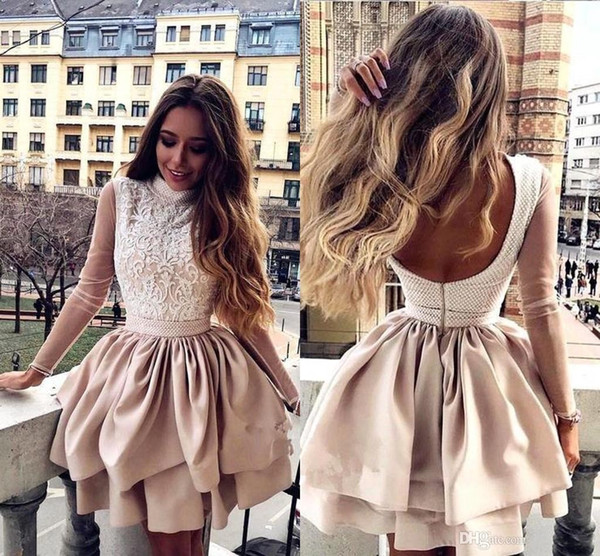 2 Tiers Long Sleeve Backless Homecoming Dresses Lace Appliques Girls Short Party Gown A Line Cocktail Dress 