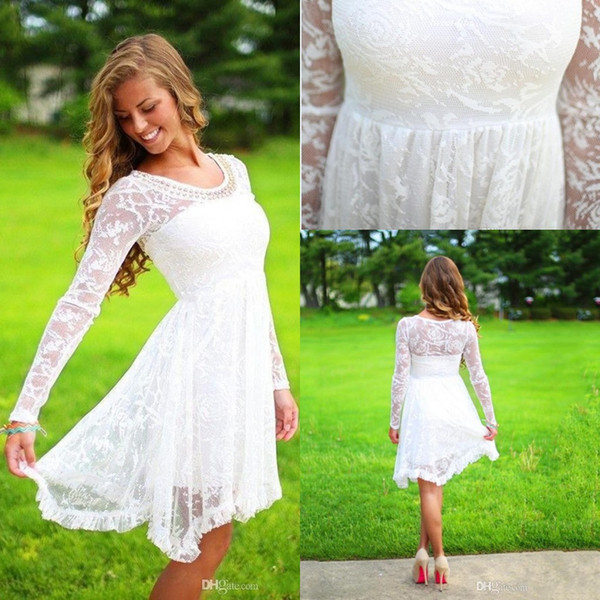 Long Sleeve White Lace Homecoming Dresses Beaded Jewel Neck Knee Length Girls Short Party Gown Cocktail Dress