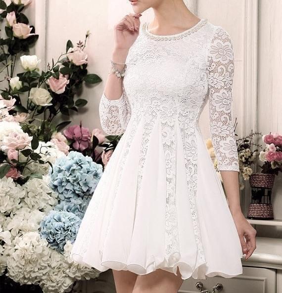 3/4 Sleeve Lace Homecoming Dresses with Beaded Jewel Neck Cocktail Dress Short Party Gown Girls Mini Skirt