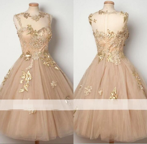 Champagne Sheer Jewel Neck Homecoming Dresses Gold Lace Appliques Keyhole Back Cocktail Dress Short Party Gown Girls Mini Skirt BC1741