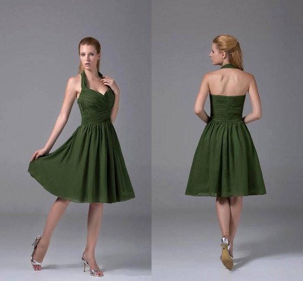 Dark Green Knee Length Chiffon Homecoming Dresses Halter Sweetheart Neck Ruched Cocktail Dress Short Party Gown Girls Mini Skirt BC1672