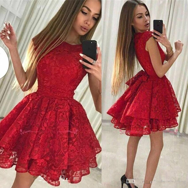 Bright Red Jewel Neck Sweet Homecoming Dresses 2 Layers Lace Appliques Bow Sash Cocktail Dress Short Party Gown Girls Mini Skirt