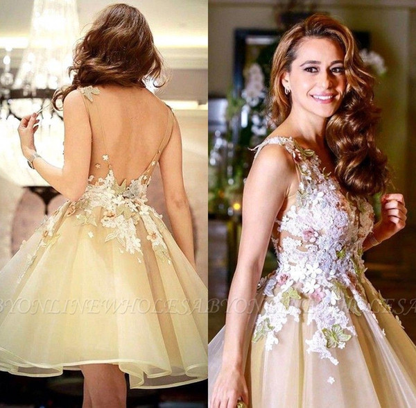 Gold Organza Sweet Homecoming Dresses Floral Appliques Girls Short Prom Party Gown Cocktail Dresses Mini Skirt