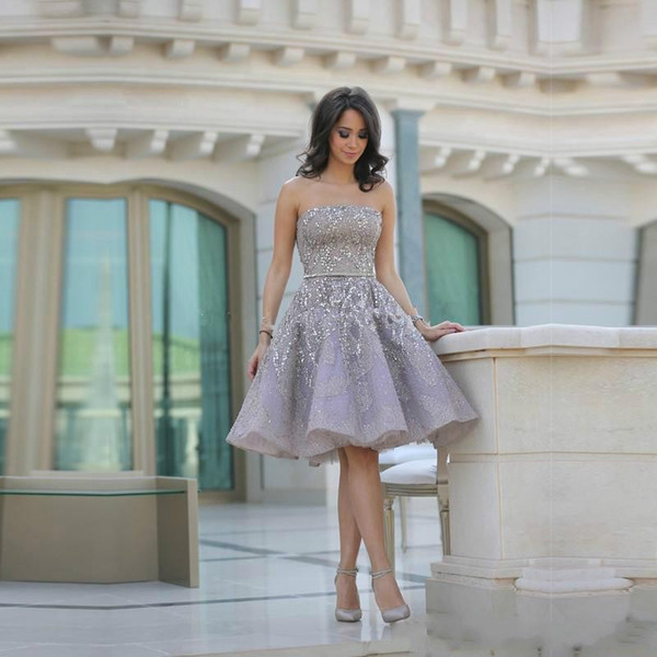 Charming Gray Strapless Homecoming Dresses Sparkly Sequins Beads Girls Short Prom Party Gown Cocktail Dresses Mini Skirt