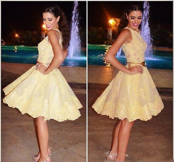 Bright Yellow A Line Homecoming Dresses Jewel Neck Girls Short Prom Party Gown Cocktail Dresses Mini Skirt