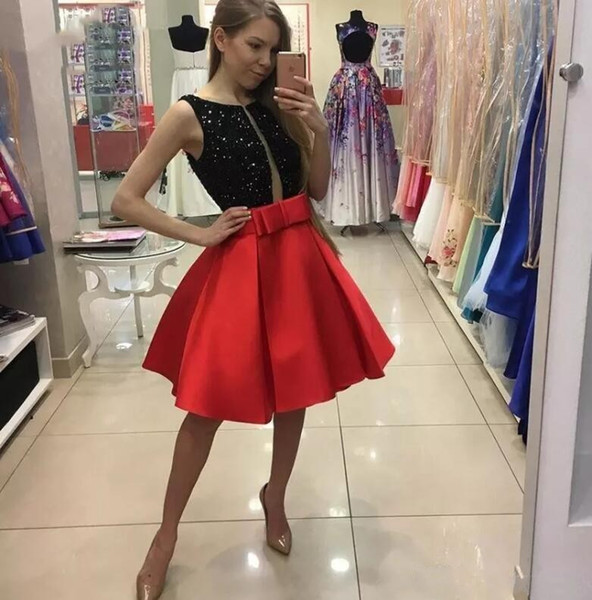 Sweet Red Bow Sash Homecoming Dresses Black Sequins Top Knee Length Prom Party Gown Cocktail Dresses