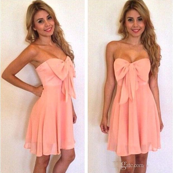 Peach Color Sweet Girls Homecoming Dresses Strapless Bow Short Prom Party Gown Chiffon Cocktail Dresses