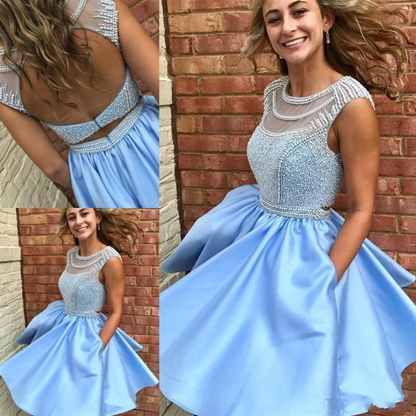 Light Sky Blue Short Homecoming Dress Sheer Neck Backless Beaded Girls Party Dress Cocktail Dress Mini Skirt BA6980