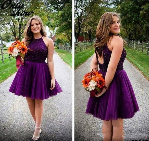 Halter Purple Girls Homecoming Dress Appliqeus Sequins Short Evening Party Dress Tulle Cocktail Dress Mini Skirt