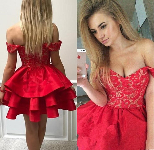 3 Tiers Red Off Shoulder Homecoming Dress Lace Appliques Short Girls Party Dress Cocktail Dress Mini Skirt