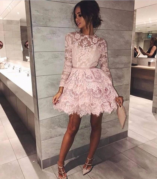 New Blush Pink Tiers Lace Homecoming Dresses Appliques Sash Long Sleeve Cocktail Dress Short Party Gown Mini Skirt