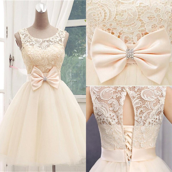 Champagne Lace-up Back A Line Homecoming Dresses Bow Sash Short Prom Party Gown Cocktail Dress BC1139