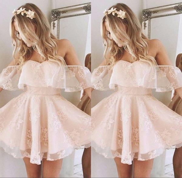 Baby Pink Off Shoulder Sweet Homecoming Dress Appliques Tulle Girls Short Evening Party Dress Cocktail Dress