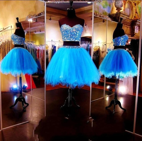 2 Pieces Blue Homecoming Dress Appliques Sequins Sweetheart Neck Tulle Short Girls Party Dress Cocktail Dress BC1435