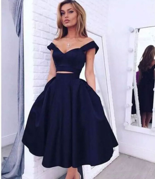 New Arrival Black Homecoming Dresses Party Dresses Off The Shoulder Sexy Cutout Waist Cocktail Dress Tea Length Black Graduation Dresses