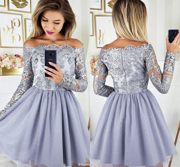 Fashion Lavender Long Sleeves Lace Homecoming Dresses A Line Elegant Off Shoulders Appliques Mini Short Cocktail Prom Gowns