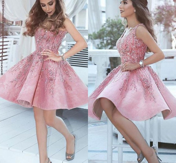 Arabic Pink Short Cocktail Homecoming Dresses A Line V Neck Appliques Beads Knee Length Prom Evening Gowns