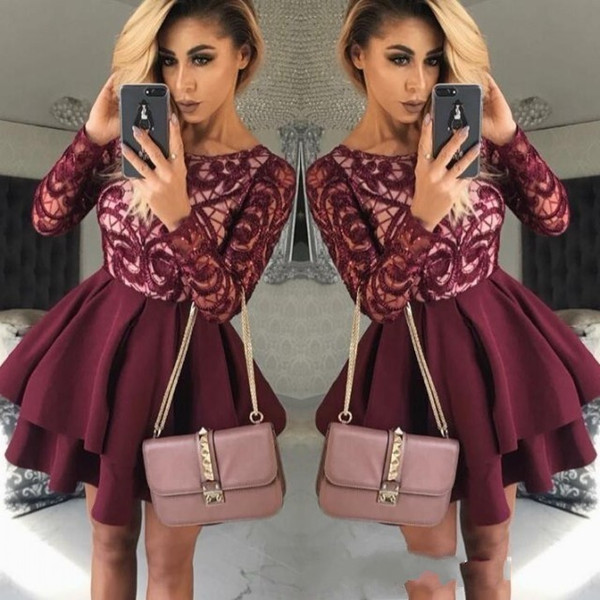 Layer Ruffles Skirts Burgundy Short Homecoming Dresses A Line Crew Neck Vintage Long Sleeves Cocktail Dress Mother Dress Formal