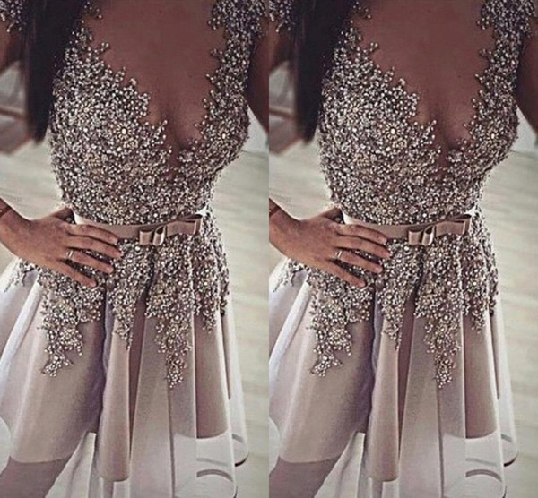 Gray Short Homecoming Dresses Sheer Neck Beaded Appliqued Tulle V Neck A Line Party Prom Gowns Knee Length Cocktail Dress BA9927