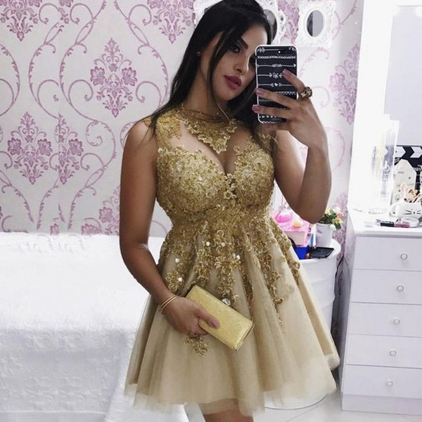 Gold Champagne Tulle Applique Short Party Homecoming Dresses A Line Sheer Neck Mini Plus Size Girls Prom Cocktail Gowns