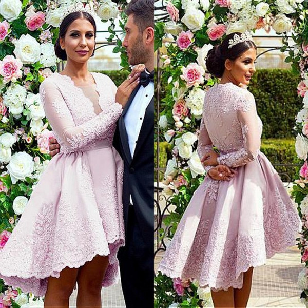 Modest Long Sleeves High Low Homecoming Dresses A-line Sheer Neck Pink Lace Appliques Short Prom Evening Gowns Arabic Reception Wears