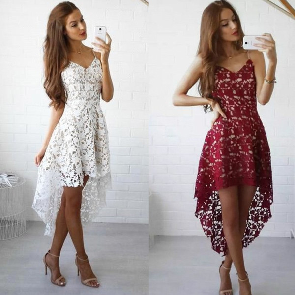 Little White Dark Red High Low Lace Prom Dresses Spaghetti Straps V Neck Short Party Homecoming Evening Cocktail Dresses Cheap BA3689