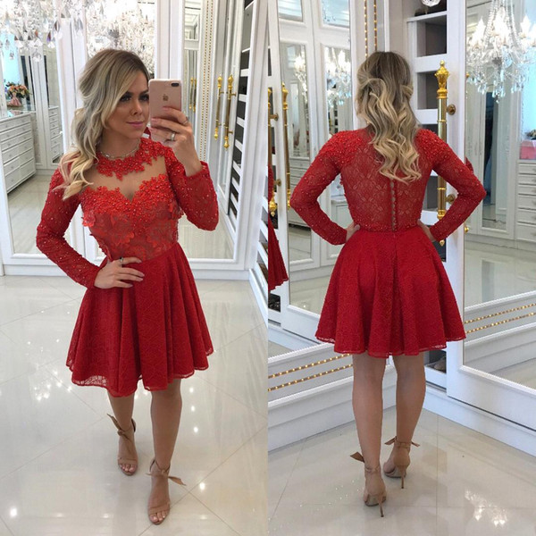 Little Red Lace Homecoming Dresses Modest Long Sleeves Beaded Appliques Crew Neck Cocktail Gowns Knee Length Mother Dress BA9040