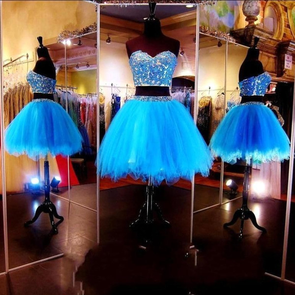 Two Pieces Short Blue Homecoming Dresses Sweetheart Beaded Tulle A Line vestidos de fiesta Party Cocktail Prom Dresses BC1435