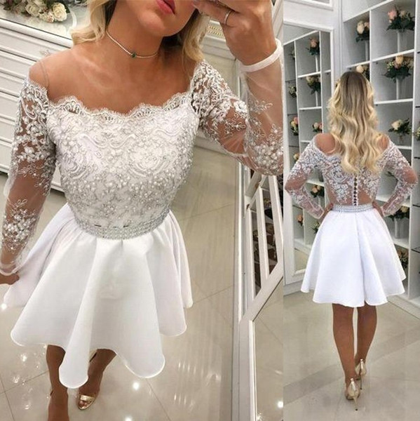 Newest Little White Short Homecoming Dress Sheer Long Sleeve Applique Sequins Cocktail Gowns Summer Boho Bride Reception Dress BC1401