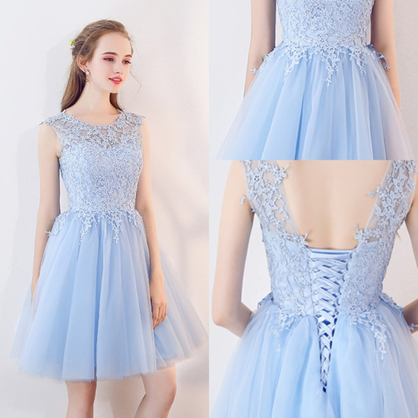 Fairly Sky Blue Short Tulle Homecoming Dresses Appliques Top A Line With Lace-up Back Knee Length Cocktail Bridesmaids Gowns CPS1126