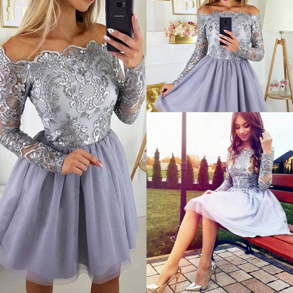 Vintage Long Sleeves Lilac Lavender Short Homecoming Dresses Appliques Chiffon Skirt Knee Length Prom Cocktail Gowns For Teens BA9972