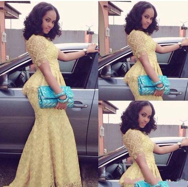 African Vintage Longo O Neck Short Sleeve Mermaid Floor Length prom Gown Yellow Lace Elegant Nigeria Style Pageant Evening Dresses