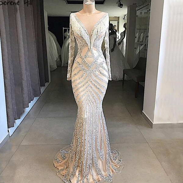 New Dubai Nude Slim Mermaid Pageant Dresses Long Sleeves Beading Tassel Fashion Formal Prom Evening Gown