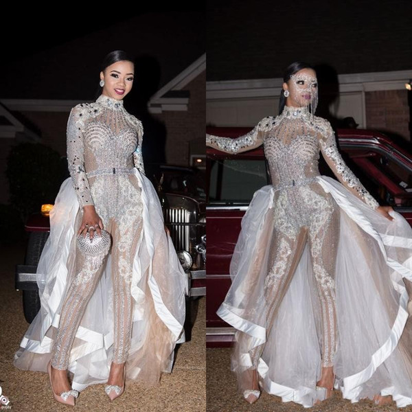 Glitz See Through Jumpsuits Pageant Prom Dresses with Detachable skirt High Neck Long Sleeve Crystal Sequins Beaded Sexy Party Evening Gowns