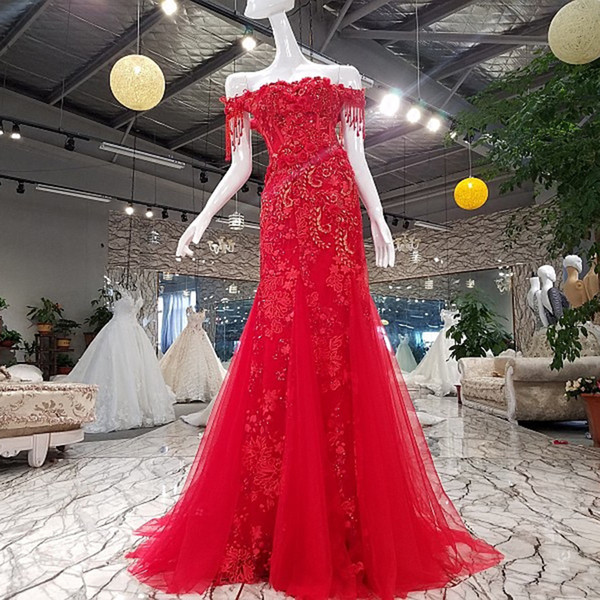 Mermaid Pageant Dress Evening Red Dresses Off The Shoulder Lace Up Lace Formal Evening Dress Real Photos Designer Woman Dresses
