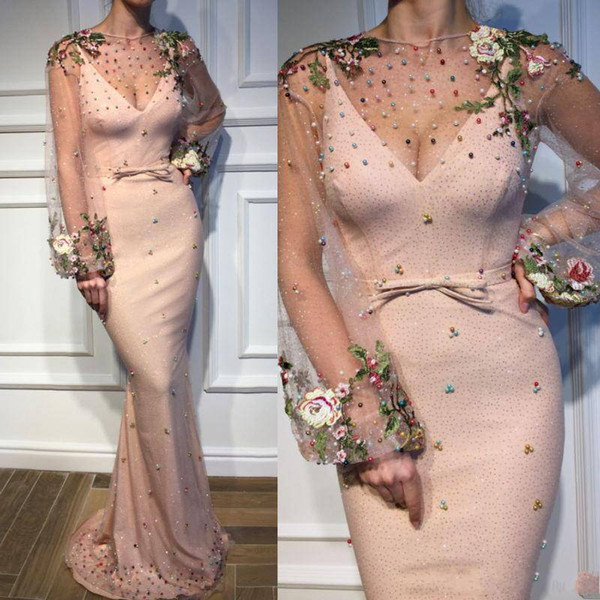 Shinning Mermaid Prom Dresses With Sash Illusion Jewel Long Sleeves Beads Handmade Flower vestidos de quincea?era pageant evening dress
